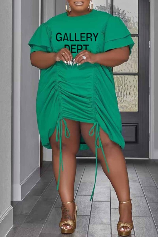 Groene casual print Letter O-hals geplooide grote maten jurken