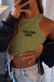 Army Green Sexy Print Letter O Neck Tops