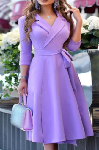 Purple Casual Print Bandage Patchwork Turn-back Collar A Line Dresses