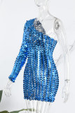 Blue Sexy Solid Hollowed Out See-through Oblique Collar Long Sleeve Dresses