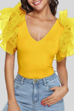 Yellow Casual Solid Patchwork Flounce V Neck Skinny Bodysuits