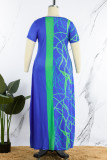 Blau Casual Print Basic V-Ausschnitt Kurzarm Kleid Kleider in Übergröße