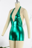 Green Sexy Solid Bandage Backless Halter Skinny Rompers