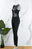 Zwarte sexy effen patchwork doorschijnende skinny jumpsuits met O-hals