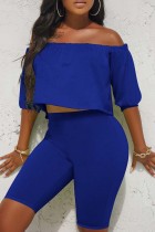 Blue Casual Solid Patchwork Off the Shoulder Half Sleeve Two Pieces