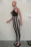 Zwarte sexy casual gestreepte print patchwork backless halter skinny jumpsuits