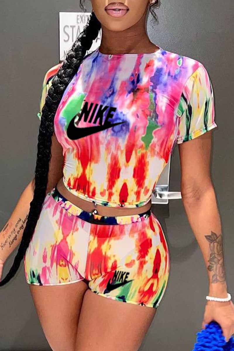 

Red Street Tie Dye Letter O Neck Short Sleeve Two Pieces