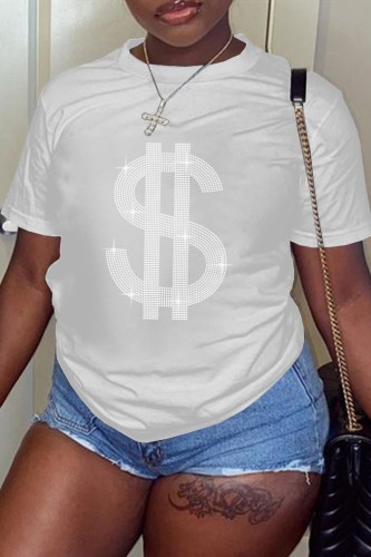 White Casual Patchwork Hot Drill O Neck T-Shirts