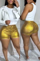 Shorts de cor sólida lisos básicos casuais dourados lisos de cintura alta convencionais