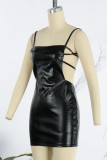 ブラック セクシー ソリッド パッチワーク バックレス スパゲッティ ストラップ ペンシル スカート ドレス