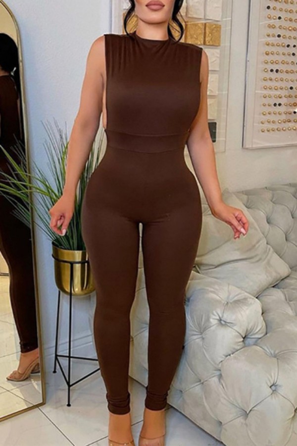 Koffie Casual Effen Basic Coltrui Skinny Jumpsuits