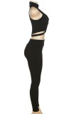 Черный Повседневная спортивная одежда Однотонный Вырез без рукавов Пэчворк Водолазка Из двух частей