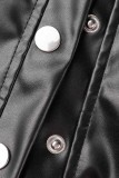 ブラック カジュアル 無地 パッチワーク ターンダウンカラー 半袖 ツーピース
