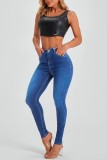 Jeans skinny azul escuro casual patchwork sólido cintura alta