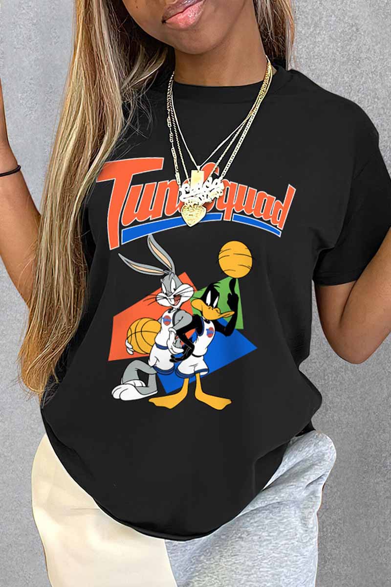 

Black Street Character Print Letter O Neck Plus Size Tops