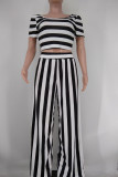 Black Casual Striped Print Patchwork O Neck Short Sleeve Two Pieces