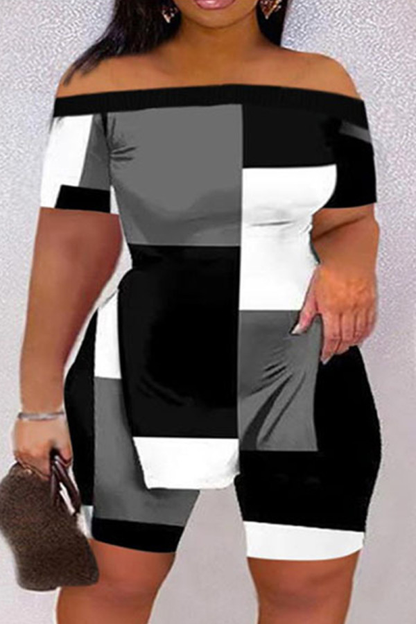 Серый Повседневный принт с разрезом и короткими рукавами из двух частей с открытыми плечами