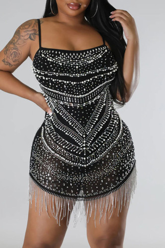 Robes de robe de fronde de courroie de spaghetti de perceuse chaude de patchwork solide noir sexy