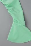 Piega Backless solida sexy verde menta fuori dai vestiti lunghi dalla manica della spalla
