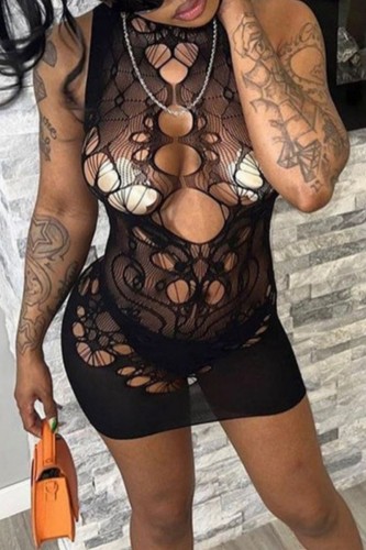 Black Sexy Solid Ripped Hollowed Out O Neck Sleeveless Dress Dresses