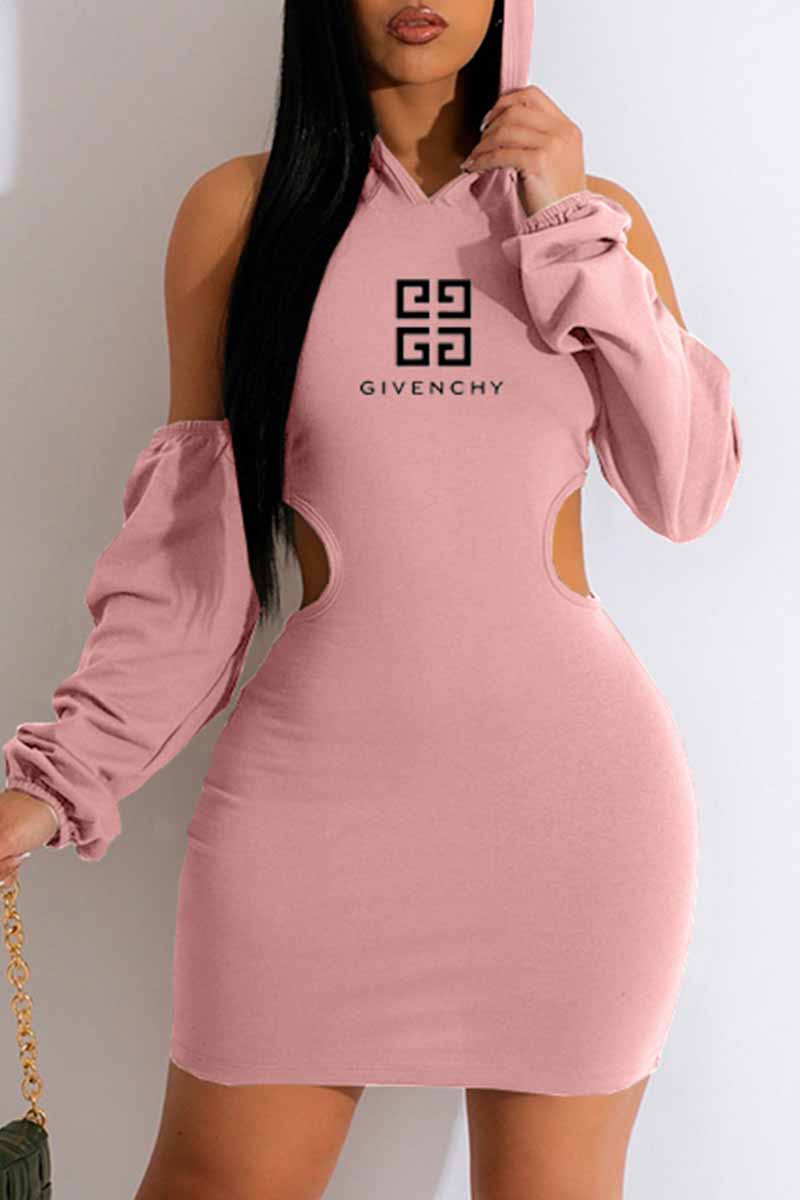 

Pink Sexy Print Backless Letter Hooded Collar Pencil Skirt Dresses