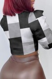 Top con colletto della camicia patchwork con stampa casual bianca nera (senza bottoni)