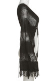 Schwarzer, sexy, fester Quastenverband, ausgehöhlter Patchwork-V-Ausschnitt, lange Ärmel, zweiteilig