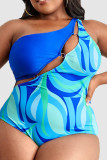 Blue Sexy Print Patchwork Oblique Collar Plus Size Swimwear