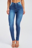 Mörkblå Casual Solid Patchwork Skinny Jeans med hög midja