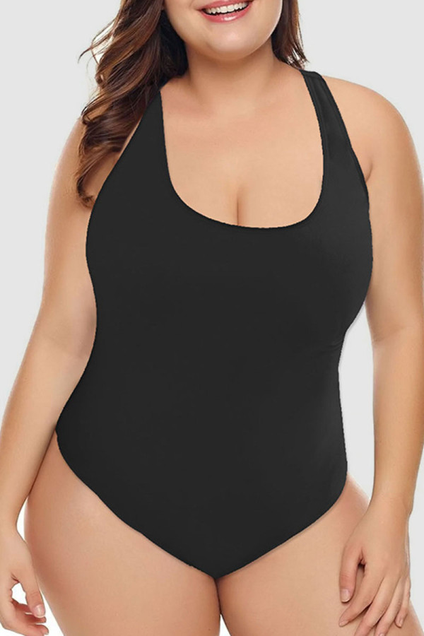 Schwarze, sexy, solide Patchwork-Badebekleidung mit U-Ausschnitt in Übergröße