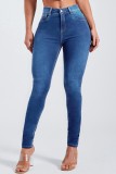 Blauwe casual stevige patchwork skinny jeans met hoge taille