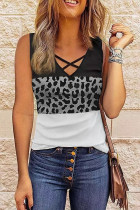 Tops con cuello en V de patchwork con estampado informal gris