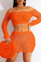Orange Sexy solide évidé transparent sur l'épaule à manches longues deux pièces