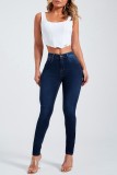 Donkerblauwe casual effen patchwork skinny jeans met hoge taille