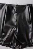 ブラック カジュアル 無地 パッチワーク ターンダウンカラー 半袖 ツーピース