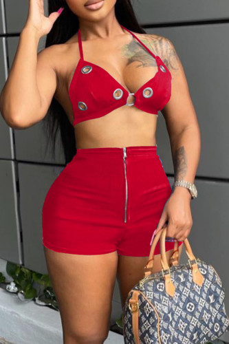 Red Sexy Solid Hollowed Out Patchwork Spaghetti Strap Sleeveless Two Pieces