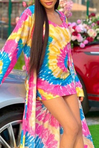 Rose Red Sexy Casual Daily Print Tie-dye V Neck Long Sleeve Two Pieces