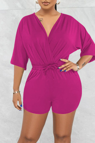 Rose Red Casual Solid Patchwork V Neck Straight Rompers