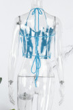 Синий сексуальный лоскутный бандаж Прозрачные топы с открытой спиной и лямкой на шее