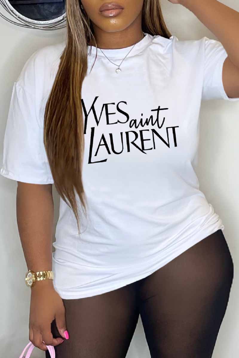 

White Casual Print Letter O Neck T-Shirts