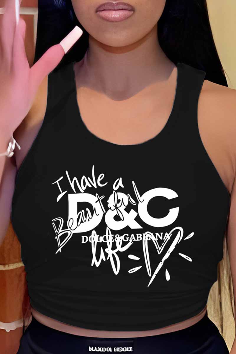 

Black Casual Print Letter U Neck Tops