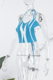 Azul Sexy Patchwork Bandagem Transparente Sem Costas Tops Halter