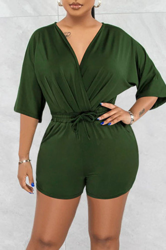 Army Green Casual Solid Patchwork V Neck Straight Rompers