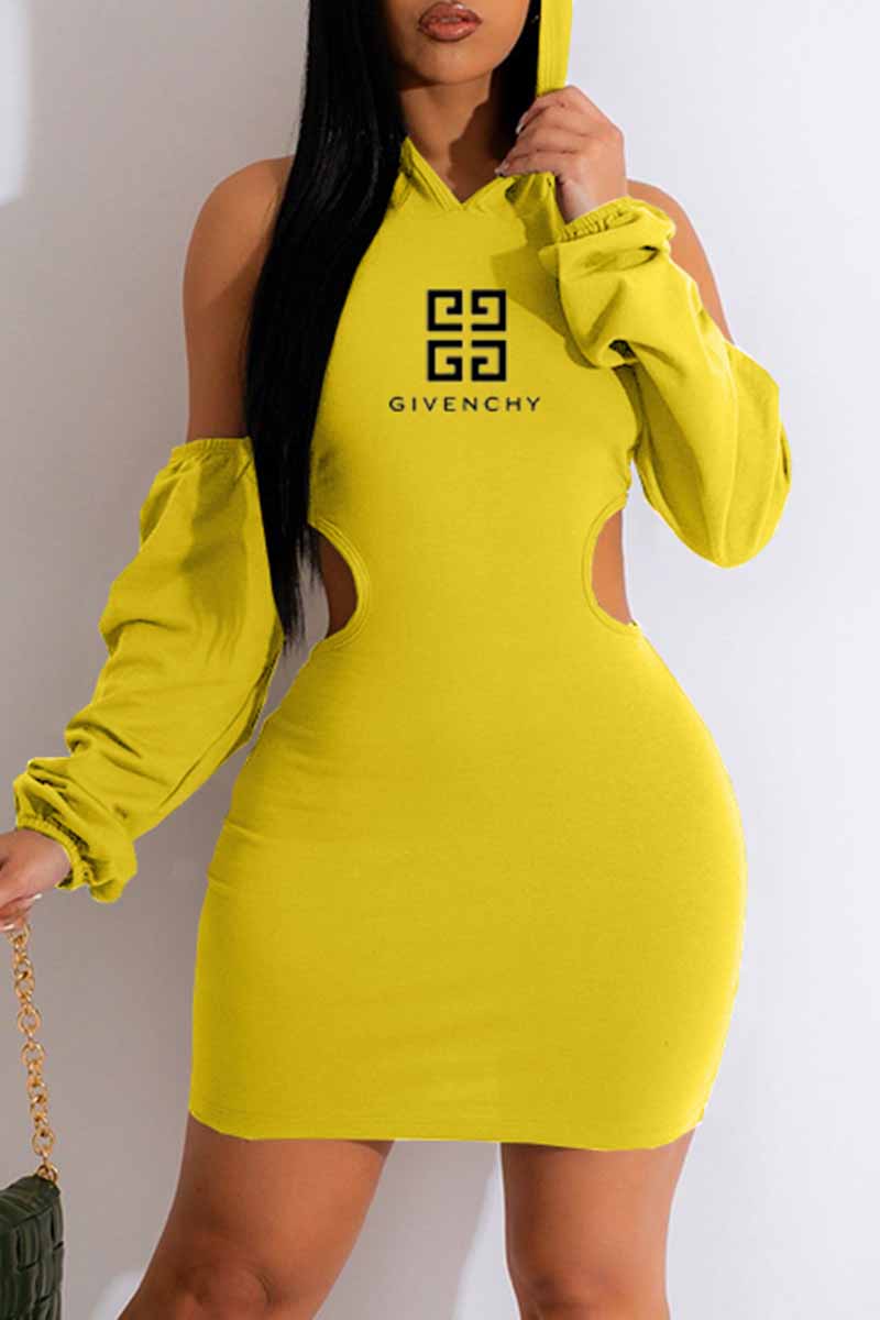 

Yellow Sexy Print Backless Letter Hooded Collar Pencil Skirt Dresses