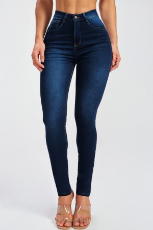 Dark Blue Casual Solid Patchwork High Waist Skinny Denim Jeans