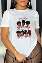 White Casual Print Basic O Neck T-Shirts