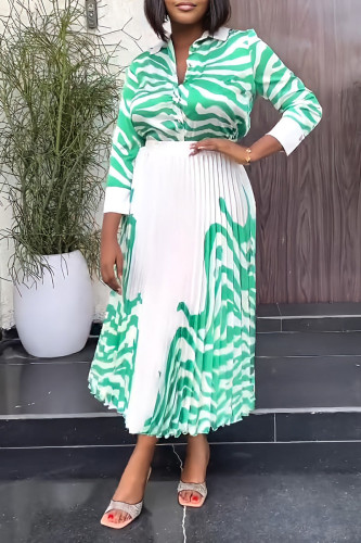 Green Casual Elegant Print Patchwork Buckle Fold Turndown Collar Long Sleeve Two Pieces