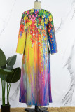 虹色ヴィンテージ エレガントなプリント パッチワーク V ネック ストレート ドレス