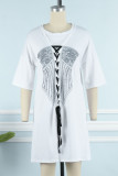 ホワイトカジュアルプリントバンデージパッチワークOネックTシャツドレスドレス
