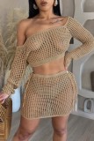 Camel Sexy Solid Hollowed Out See-through Off the Shoulder Long Sleeve Two Pieces